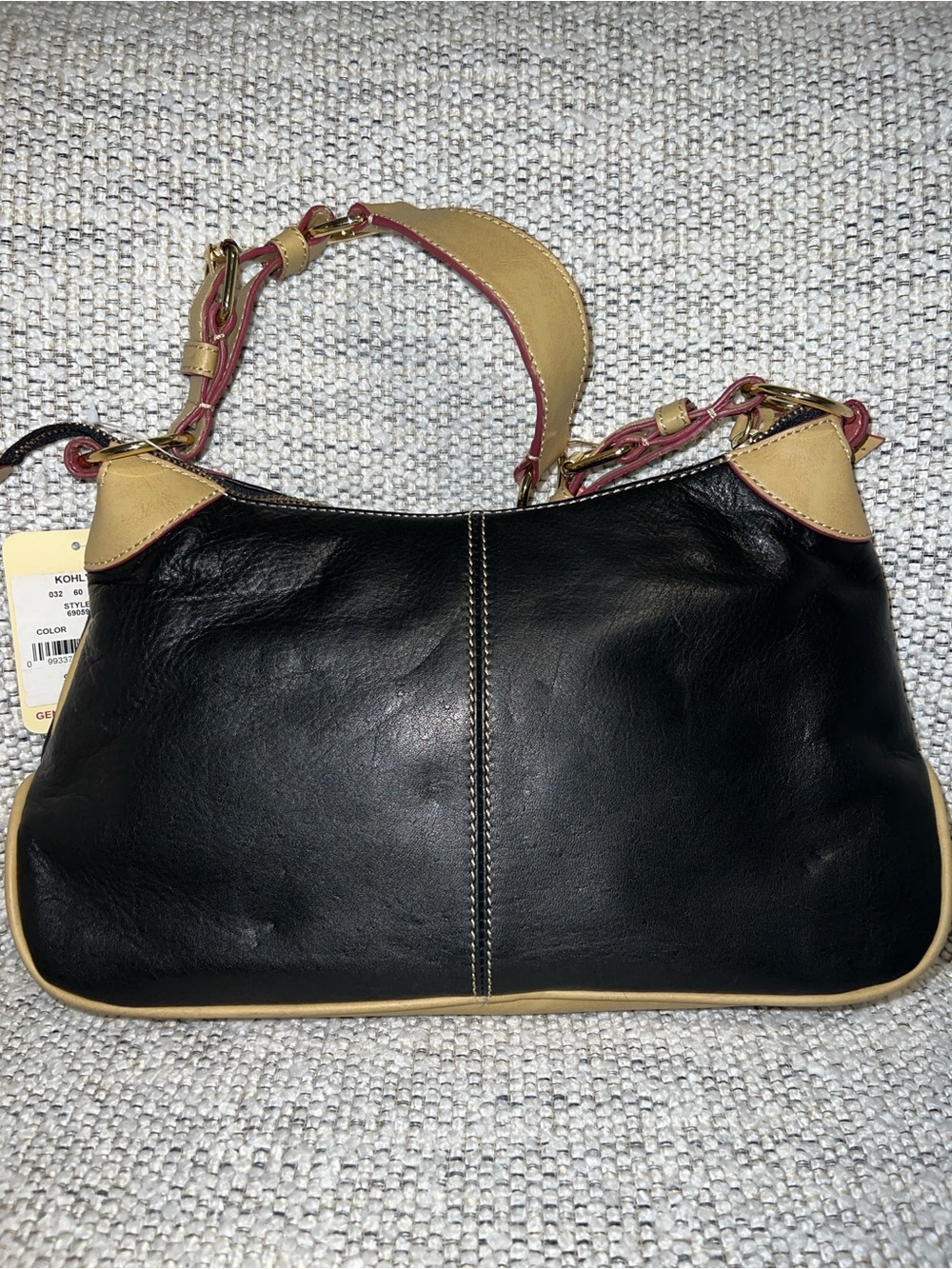 Stone & Co. Black Leather & Tan Accents Shoulder Bag with Pink Lining